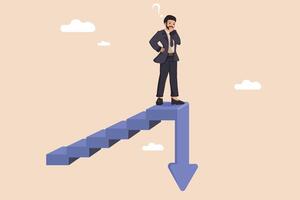 A confused businessman stands at the edge of a downward staircase, symbolizing the challenges of market decline and financial uncertainty. vector