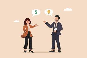 Business Conversation Concept Woman and Man Discussing Money and Ideas in Modern Flat Style. vector