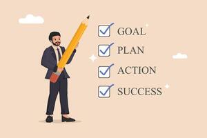 Illustration of a businessman thoughtfully arranging foundational blocks representing key business stages leading towards a capstone of Achievement. vector