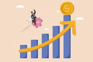 Businessman Riding a Piggy Bank Rocket Flying Over Increasing Bar Chart Towards a Large Gold Coin, Symbolizing Successful Savings Growth and Financial Achievement. vector