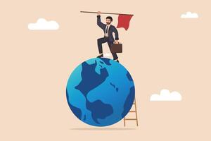 Global Business Success and Leadership Determined Businessman Standing on Top of the World with Flag and Briefcase. vector