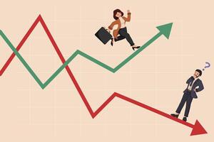 A Confused Businessman with a Question Mark Standing on a Declining Red Arrow, While a Cheerful Businesswoman Advances on a Rising Green Arrow, Illustrating Market Volatility. vector