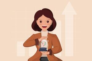 Women and Candlestick Chart A woman holding a snow globe with a candlestick chart inside, representing financial growth. vector