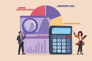 Illustration of Two Business People with a Calculator and a Magnifier, Alongside a Pie Chart and Bar Graph, Symbolizing Financial Data Analysis. vector