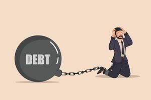 A Desperate Businessman Kneeling on the Ground, Shackled to a Gigantic Ball and Chain Labelled DEBT, Symbolizing Overwhelming Financial Pressure vector