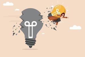 Bold Businesswoman Leaps from Shattered Traditional Idea Bulb to Illuminated Disruptive Innovation Lightbulb. vector