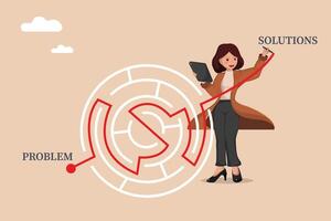 Strategic Problem Solving Woman Drawing a Clear Path Through a Complex Maze to Reach Innovative Solutions, Illustrating Business Strategy and Analytical Thinking. vector