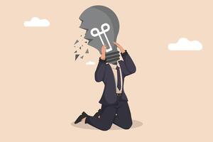 Conceptual Illustration Businessman Kneeling with Broken Light Bulb Head, Symbolizing Idea Loss and Creative Block. vector