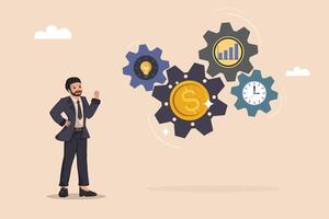 Businessman looking Interlocking Gears with Dollar Coin, Lightbulb, Bar Chart, and Clock Concept of Business Strategy and Financial Growth. vector