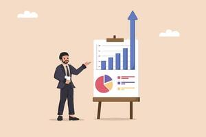 Business Presentation with Businessman Explaining Positive Growth and Rising Bar Chart. vector