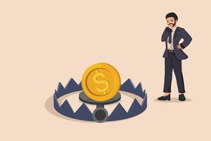 Financial Trap a businessman contemplating a coin in a trap, symbolizing investment risks and financial pitfalls. vector