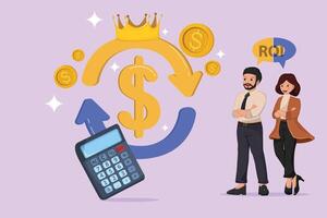 Financial Growth and ROI Calculation Concept with Business Team, Calculator, and Dollar Arrows Illustration. vector
