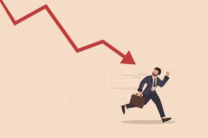 Businessman Running from Financial Crisis with Falling Stock Market Graph and Red Arrow. vector