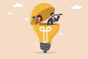 Visionary Business Team Man and Woman with Telescopes Inside a Lightbulb of Innovation. vector