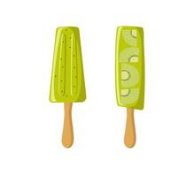 Fruit ice cream set, kiwi. Summer cold, frozen juice, fruit ice. Green ice cream, vegetarian food. Color illustration, cool dessert. Background isolated. vector