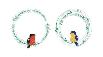Set of a bird sitting on a branch. Round frame, plant border. National Bird Day. Background for postcard, banner, place for text, holiday background. vector