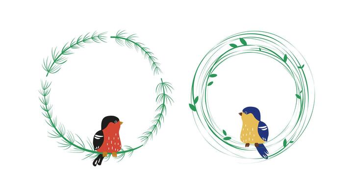 Set of a bird sitting on a branch. Round frame, plant border. National Bird Day. Background for postcard, banner, place for text, holiday background.