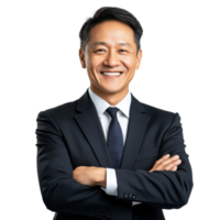 Man smiling in dark suit on transparent background. png