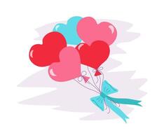 Flying balloons in the shape of heart. Happy Birthday. Bundle of balloons, bow. Festive postcard design for wedding, birthday, valentine's day. vector