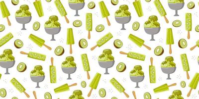 Kiwi Fruit Ice Cream set. Pattern seamless. Summer cold, frozen juice, fruit ice. Green ice cream with cream. Color illustration, cooking, food, cool dessert. vector