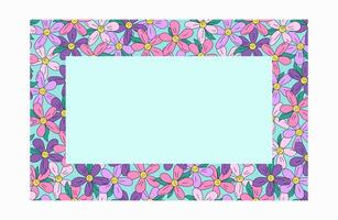 Frame, border of colorful flowers. Line drawing, doodle. Simple meadow flower, background for holiday card, banner. vector
