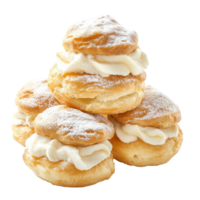 Cream puffs stacked high on transparent background. png