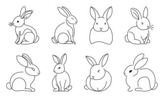 Set of simple rabbits line drawing black and white vector