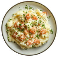 Mashed potatoes with fish on transparent background. png