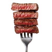 Steak slices on a fork on transparent background. png