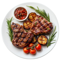 Grilled steak with sauce on transparent background. png