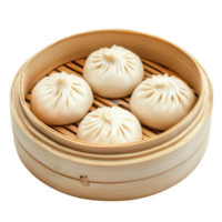 Dumplings in bamboo tray on transparent background. png