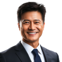 Smiling man in dark suit on transparent background. png