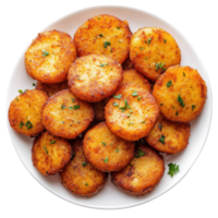 Fried potato disks dish on transparent background. png