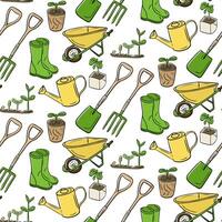 eamless hand drawn garden pattern with tools, seedlings, boots and watering cans in green and yellow colors. Concept of gardening, springtime and eco-friendly lifestyle in a playful style vector