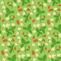 Wild strawberries with cream flowers and green leaves arranged in a seamless repeating pattern. This image reflects summer fruit harvest, natural freshness and country style charm vector