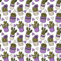 Hand drawn seamless pattern with various cacti and succulents in decorative pots and geometric elements. This illustration conveys the concept of home decor, plant collection and natural lifestyle vector
