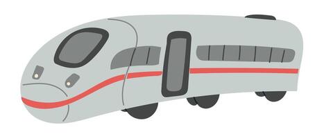 Modern high-speed train with sleek design and red stripe shown in side view. This image represents fast transportation, travel efficiency and urban mobility vector