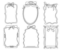 Set of six elegant hand drawn frames decorated with bows and floral accents, black outline on white background. Concept of decorative design elements for invitations, cards or announcements vector