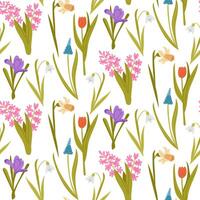 Seamless pattern of spring flowers including crocus, snowdrop, tulip and hyacinth. Bright seasonal floral design symbolizing renewal, nature and the joy of spring vector