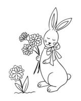 Hand drawn black and white illustration of a bunny with a bow holding flowers and standing near a bloom. This image represents the concept of spring, cuteness and joyful seasonal celebration vector