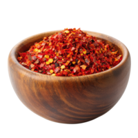 Chili flakes in wood bowl on transparent background png