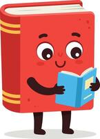 Red cartoon book character reading a blue book illustration with happy expression and simple design vector