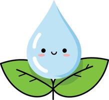 Cute smiling water drop with green leaves illustration for nature and environment concept design vector