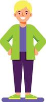 Young boy smiling confidently with green jacket and purple pants standing in casual pose illustration vector