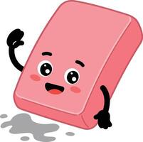 Cute pink eraser character waving with happy face and shadow in simple style illustration vector