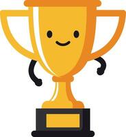 Smiling gold trophy cup with black base and arms illustration for award and achievement recognition vector
