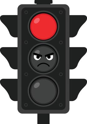 Angry face traffic light with red signal and dark background illustration for road safety awareness and warning signs