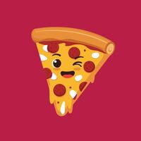 Pizza slice with cartoon face smiling and winking on red background illustration vector