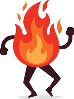 Animated fire character dancing with orange and red flames in dynamic pose illustration vector
