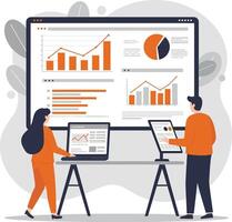 Business analytics team analyzing orange charts on multiple digital devices with graphs and reports in office setting vector